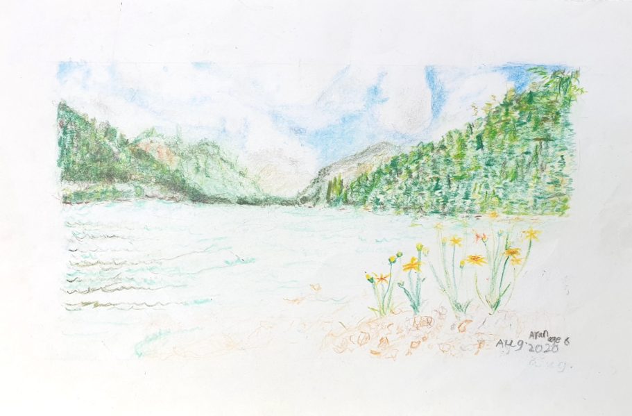 Aged 6 - Lake and Mountains - Colour pencil